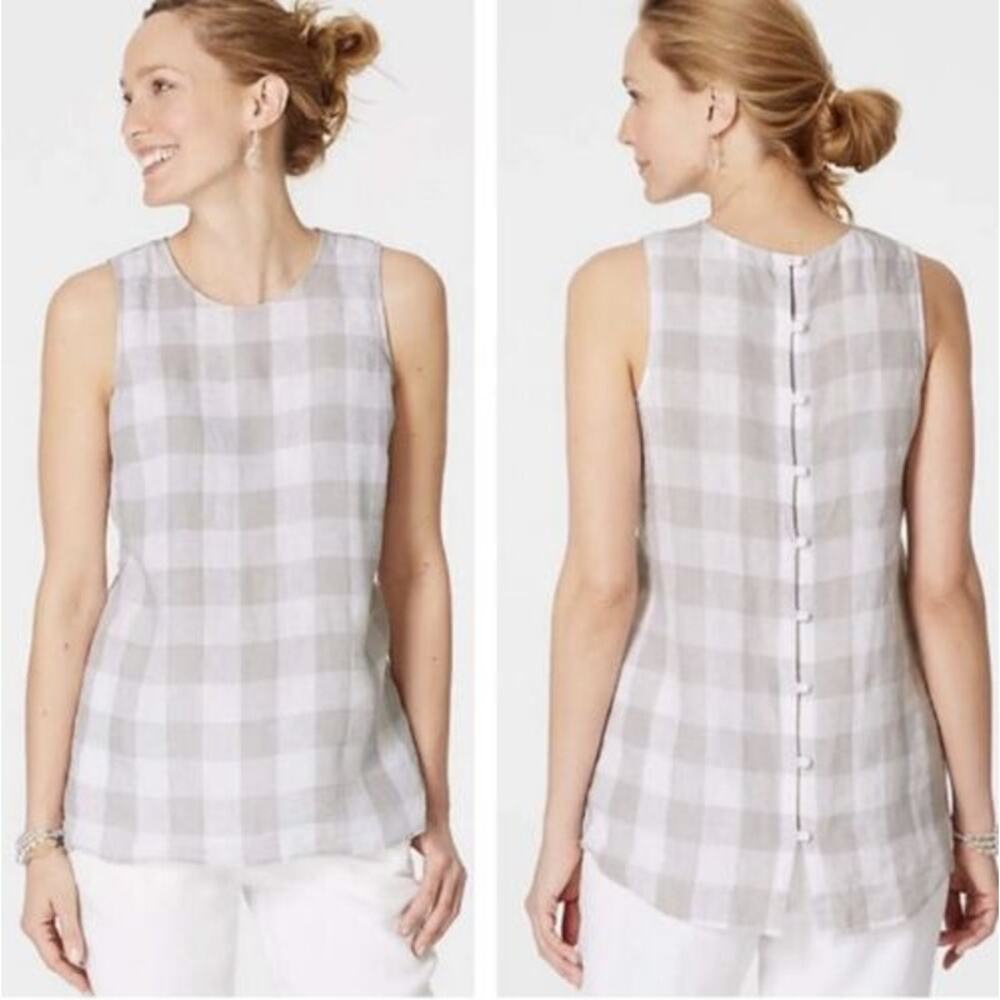 J Jill Love Linen Women's Petite Gray Plaid Sleeveless Top
